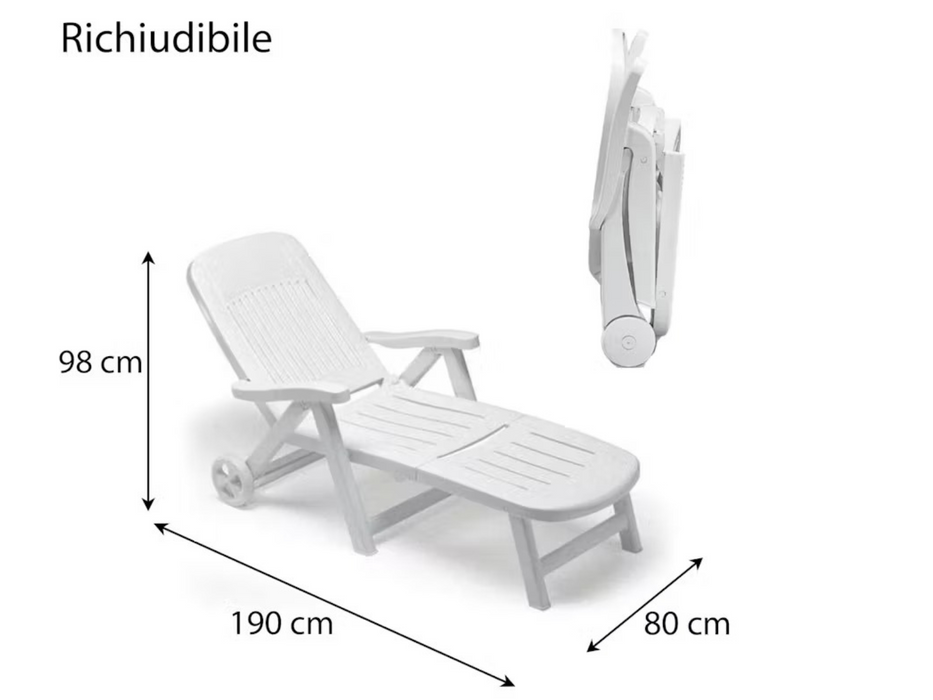 Lettino Sdraio California Bianco in Resina con Schienale Reclinabile e Ruote - cm 80x190x98h Scab